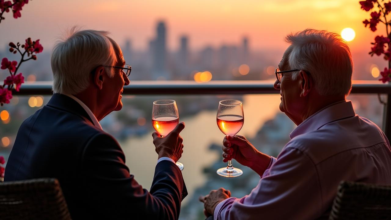 A happy retired expat couple enjoying sunset at a rooftop in Bangkok with the city skyline